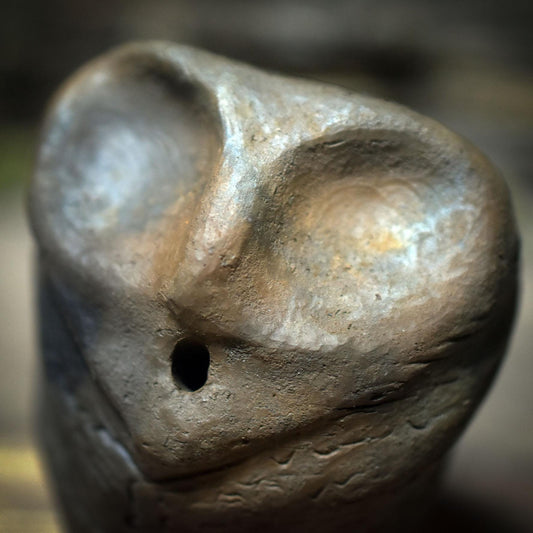 Schamanische Rassel in Form des Krafttieres Eule – Rauchbrandkunst als spiritueller Begleiter - SRA066