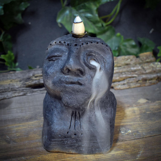 Ahnenskulptur Keramik handgeformt | Archaische Ahnenmaske Rückfluss Räucherhalter | Heidnische Kunst Altar Unikat RÄH072
