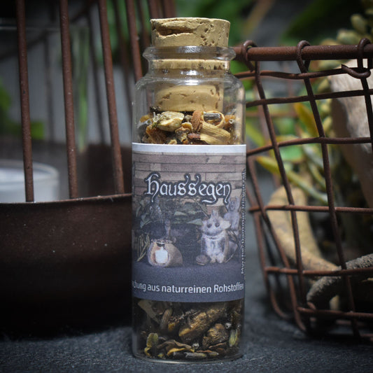 Haussegen – Deine Räuchermischung für Schutz und harmonische Räume - Naturreine Rohstoffe im 30ml Glas mit Korken