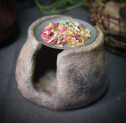 4-in-1 Objekt: Räucherstövchen, Räucherschale, Duftlampe und Teelichthalter - mit Jahreskreis Inlay - traditionelle Rauchbrandkunst