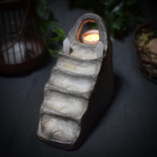 Portal ins Licht - Handgefertigter Rauchbrand-Teelichthalter mit Bergkristallen - Art.Nr.: TKH004