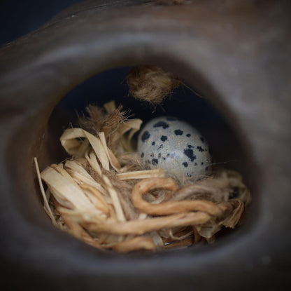 Frühlingserwachen – Handgefertigte Hängedeko aus rustikalem Rauchbrandton mit Henne, Nest & Ei - Art.Nr.: FRO035