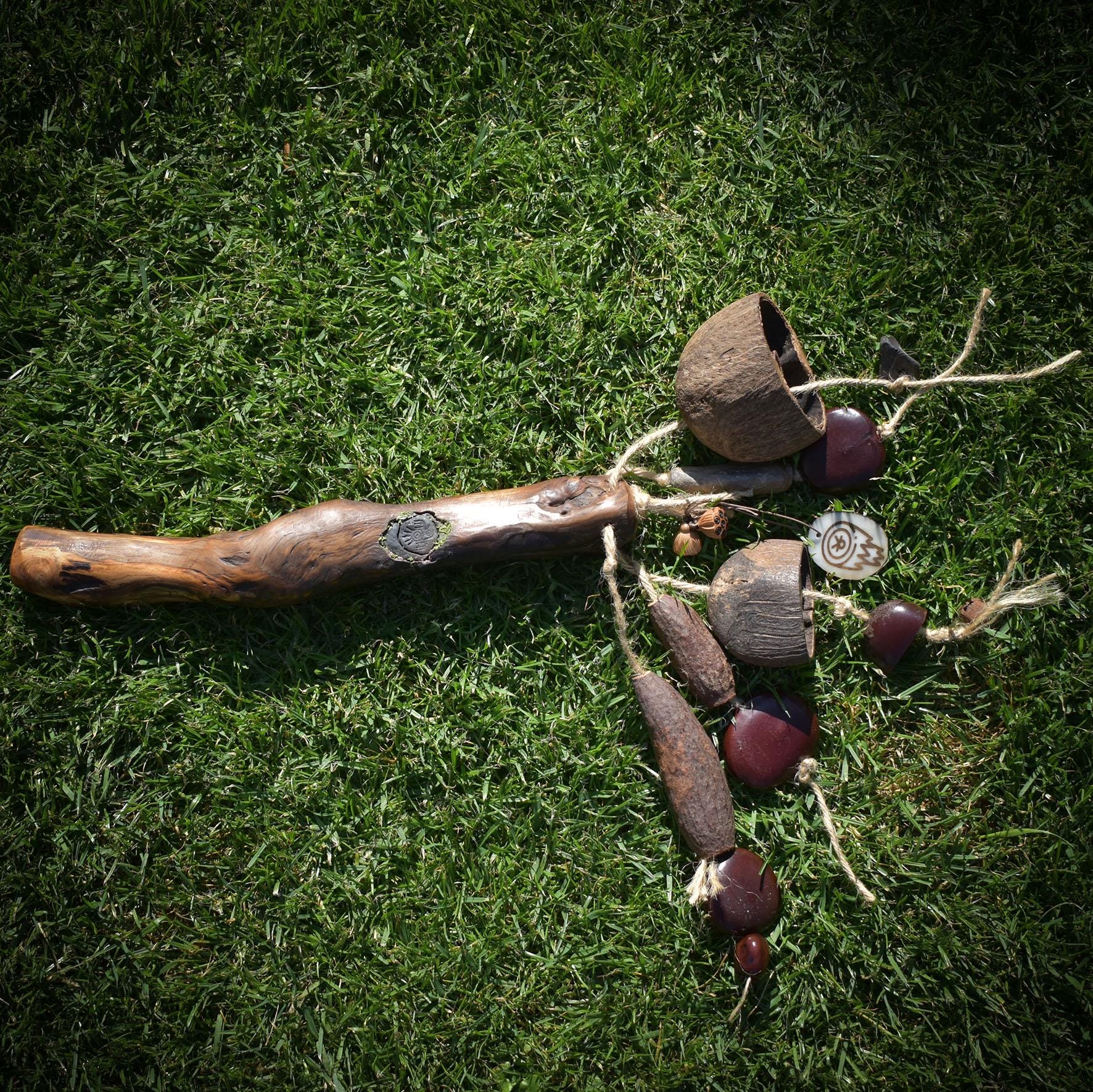 Shipibo Seed Rattle – Schamanenrassel mit Adlerrelief & Wurzelholzgriff - handgefertigtes Unikat