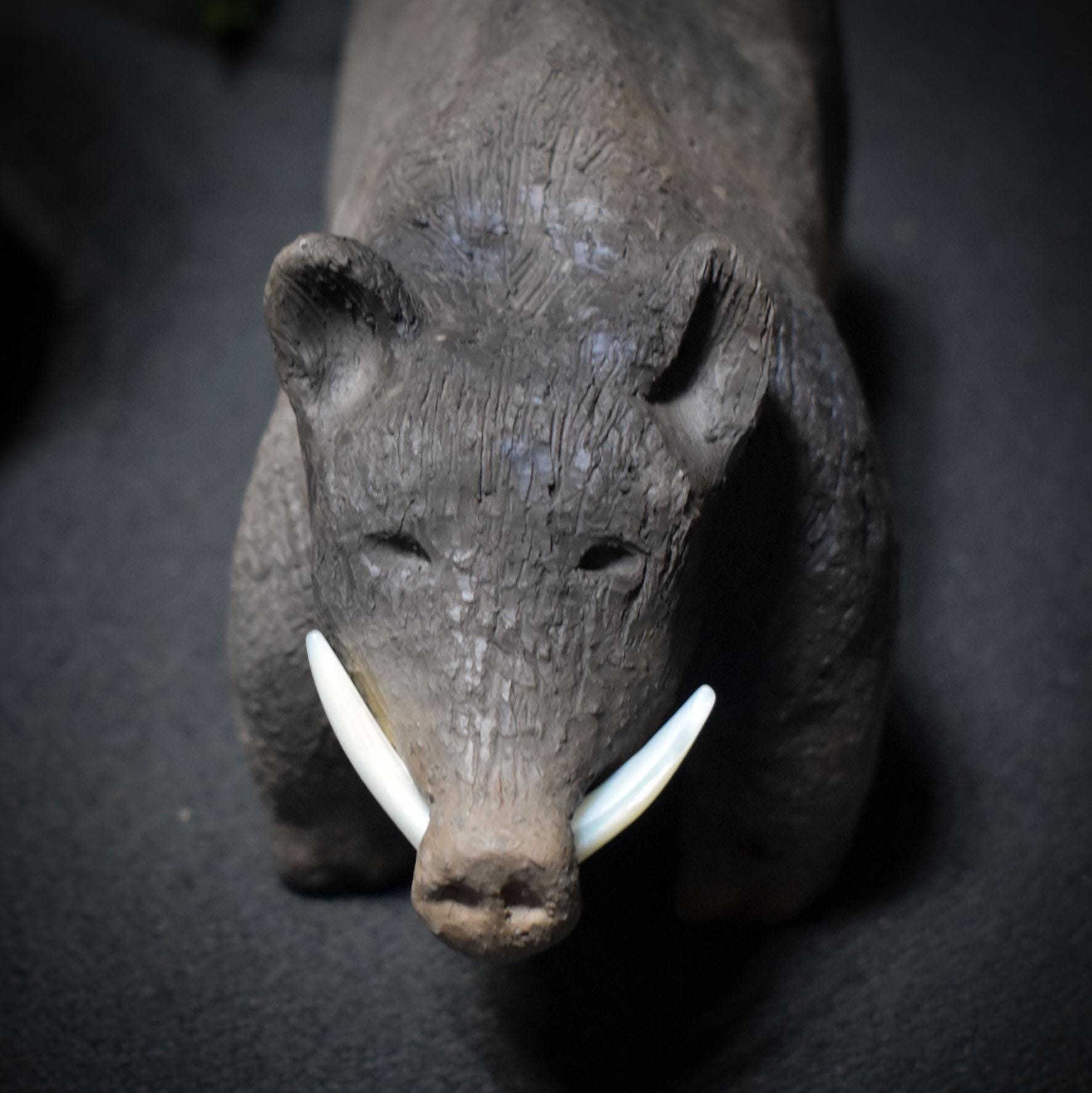 Krafttier Wildschwein – Archaische Skulptur mit Hauern aus Muschelschale - Schutz, Mut und unbändige Lebenskraft