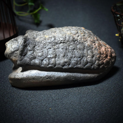 Hüterin der Zeit – Schildkröten-Skulptur mit menschlichem Antlitz - Traditionelle Rauchbrandkunst mit symbolischer Tiefe