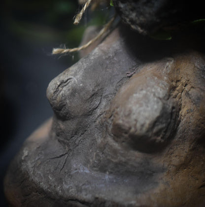 Göttin des Waldes – Skulptur mit echtem Baumpilz, primitive Kunst in Rauchbrandtechnik