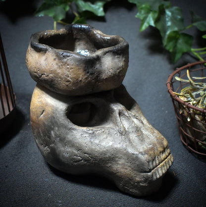 Tor zwischen den Welten – Schädel in Rauchbrandkunst als 4-in-1 Räuchergefäß - Duftlampe, Räucherstövchen, Teelichthalter - Art.Nr.: RÄG056