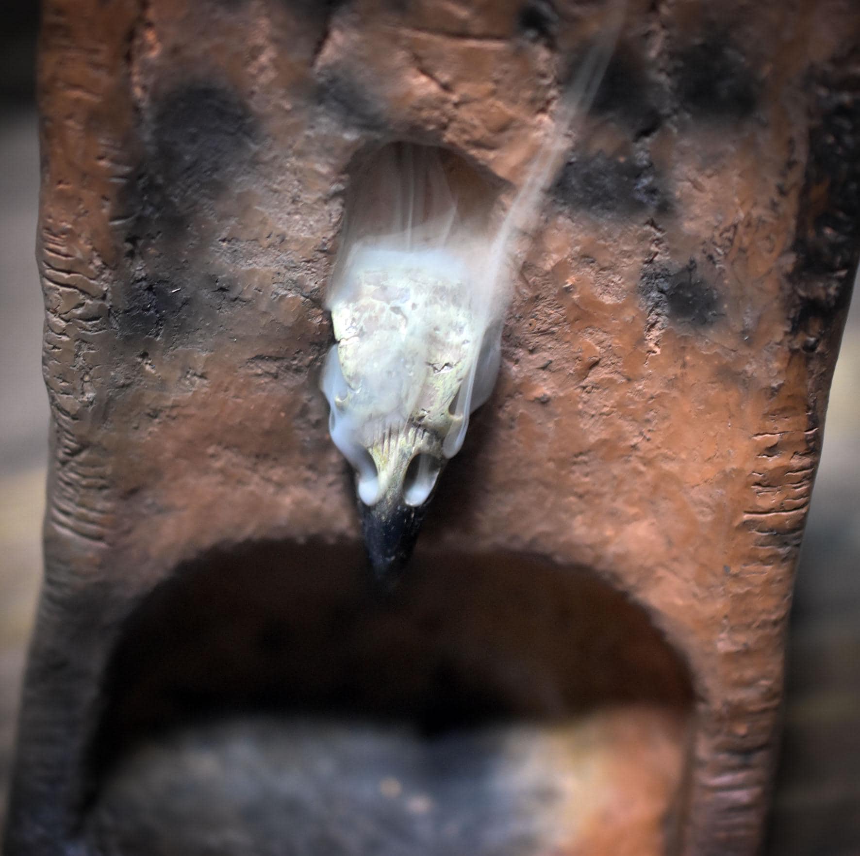 Rückfluss Räucherkegelhalter – Rauchbrand-Turm mit eingearbeitetem Vogelschädel - RÄH043