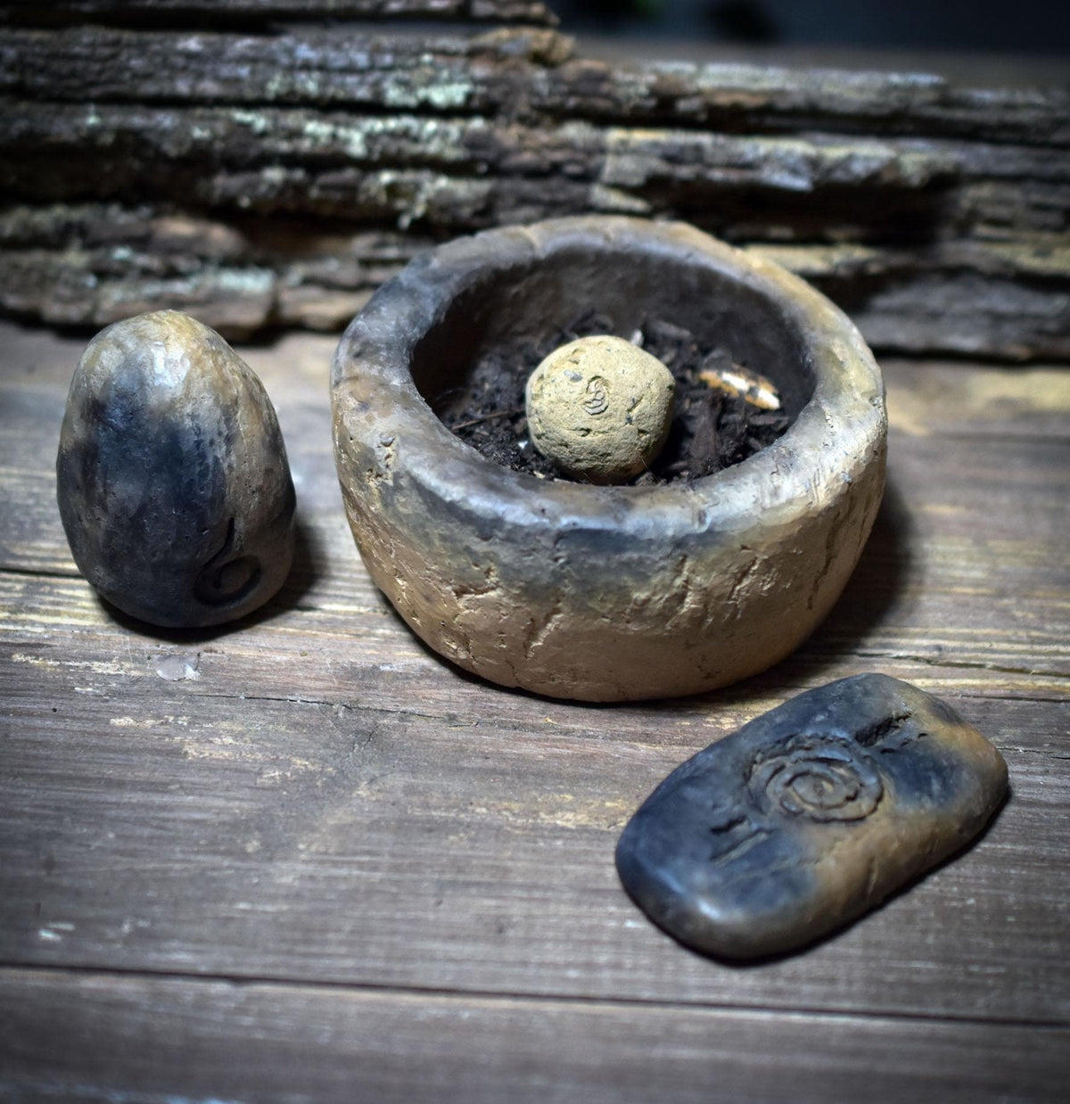 Neubeginn – Ostara Set aus Ton - Ei · Saat-Schale · Altarstein mit Seedball