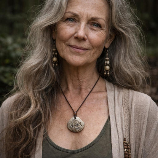 Sonnenspirale Amulett aus Ton – verstellbares Lederband mit Holzperle AMU070