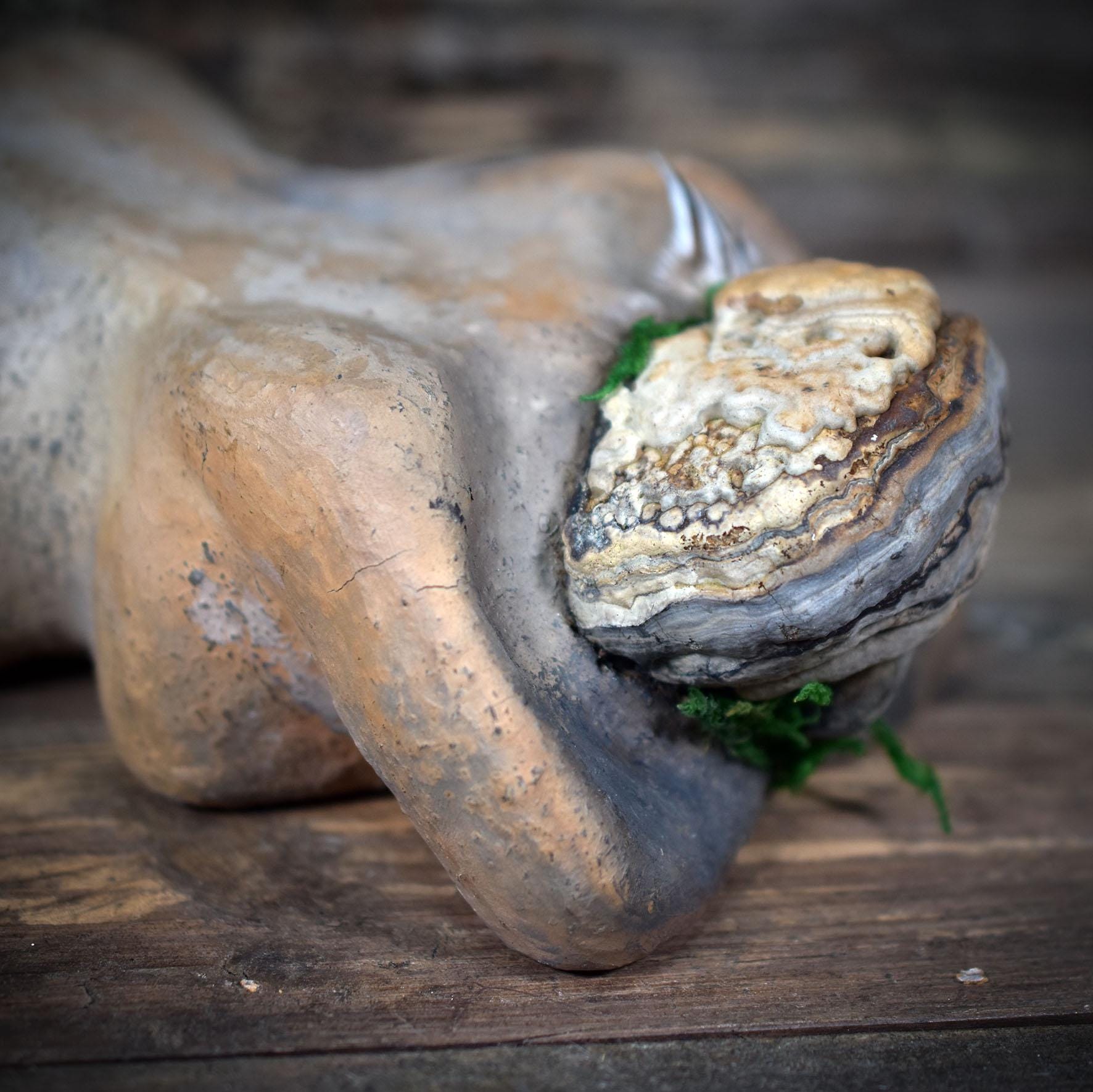 Ruhende Erdmutter Skulptur, Archaische Frauenfigur aus Keramik mit Baumpilz, Spirituelle Waldkunst, Handgefertigt, Symbol für Rückzug SKU255