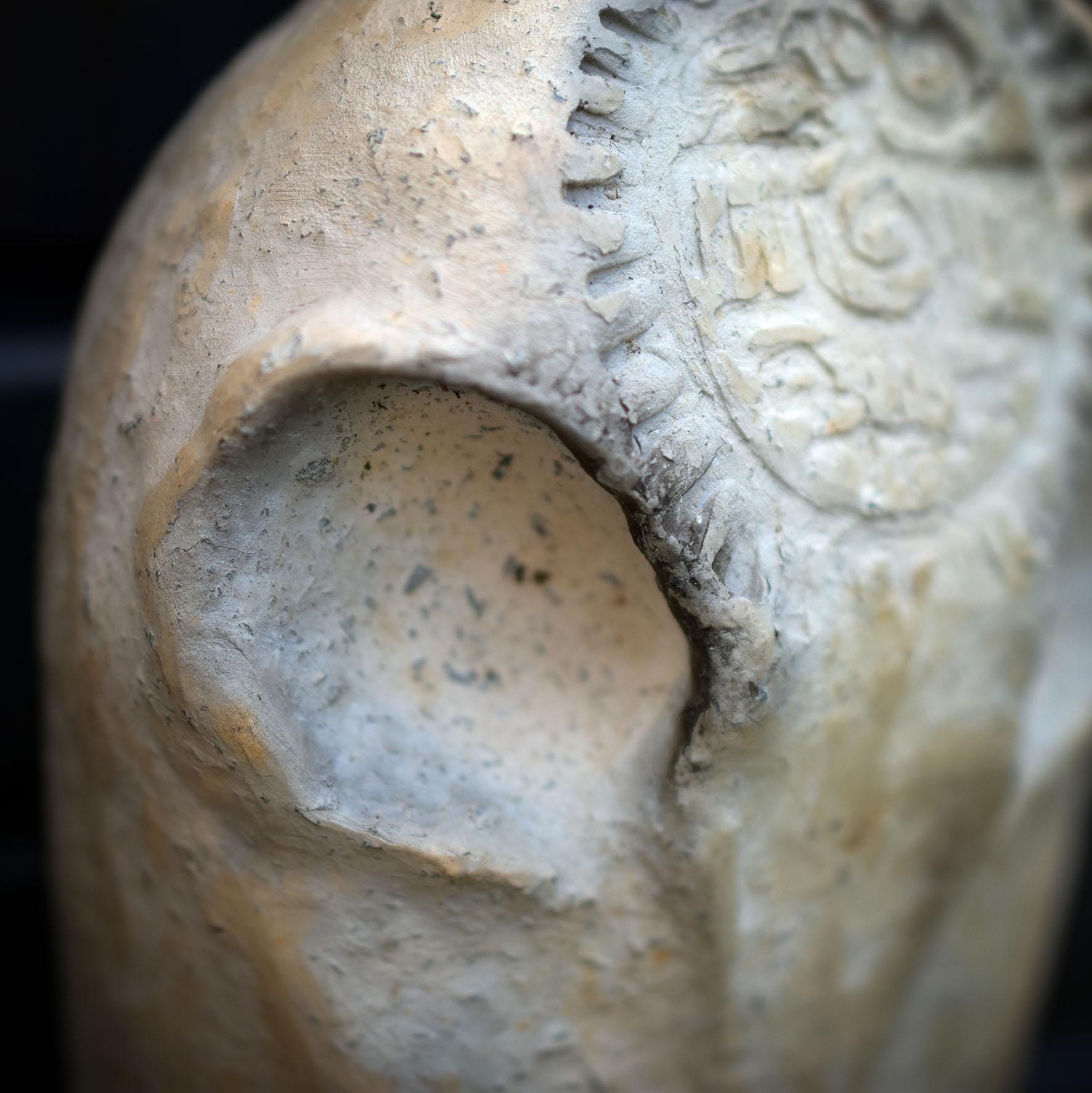 Vogelschädel Wandobjekt mit Adler-Relief, Schamanische Skulptur aus Ton, Wandschmuck mit echten Federn & Fell, Unikat 40cm HEX041