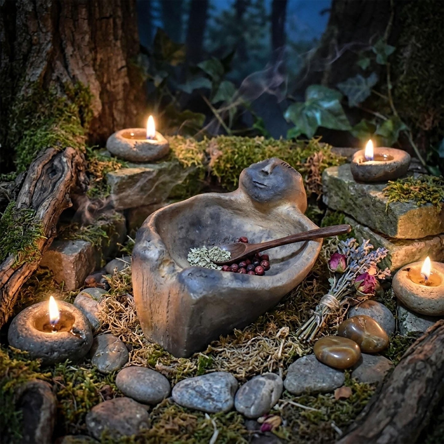 Lebensbaum Opferschale aus Ton, Archaische Gabenschale mit Ahninnenfigur, Ritueller Räucherhalter, Handgeformte Altar Tonschale GEF019