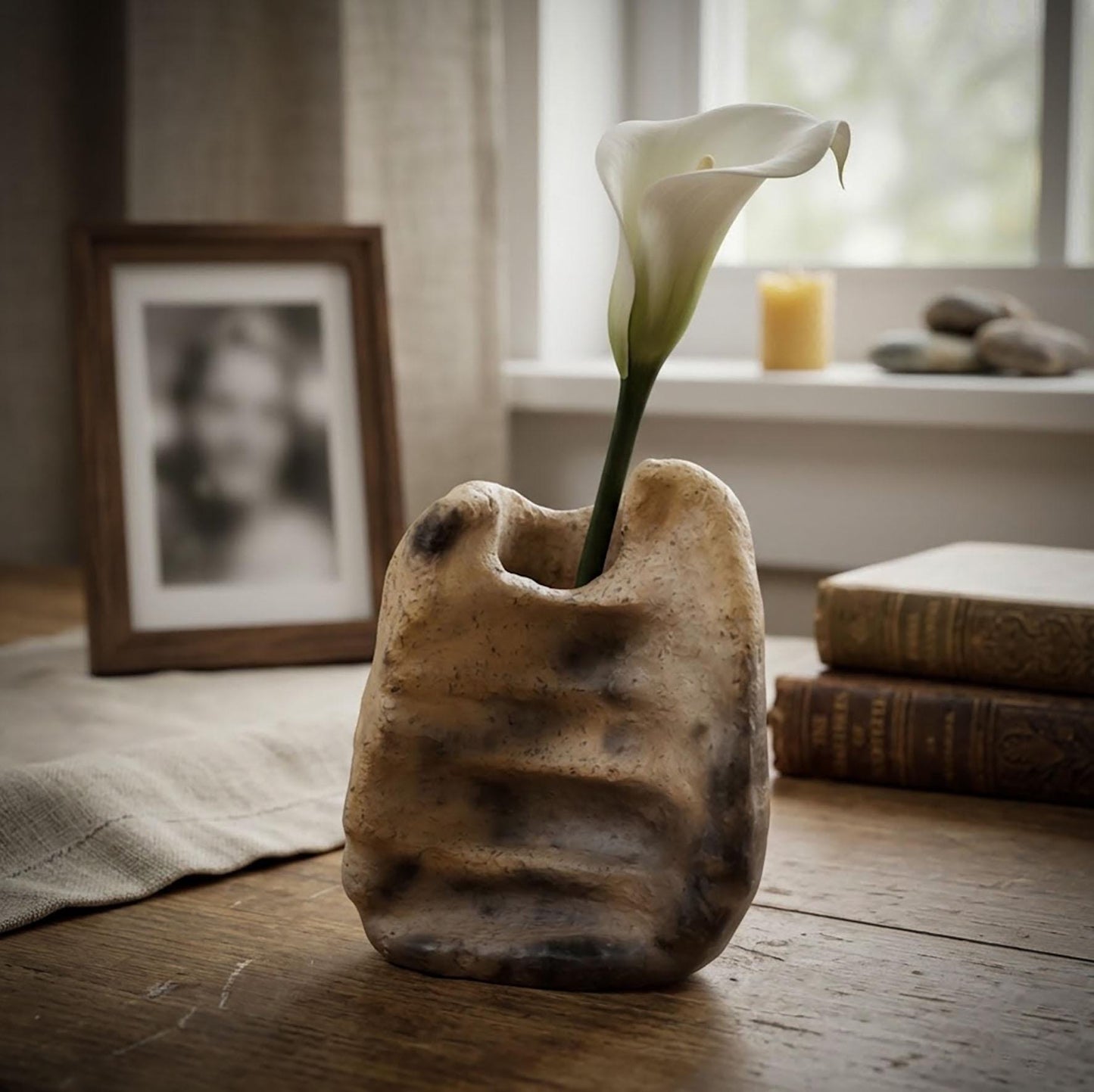 Vase zur Trauerbegleitung, Archaisches Gedenkgefäß Ton, Handgeformte Mini Vase Altar, Rauchbrand Kunstobjekt Unikat AEP002