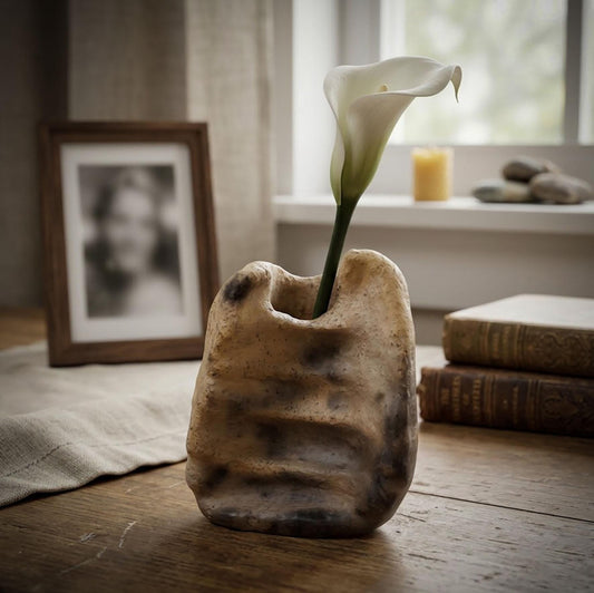 Vase zur Trauerbegleitung, Archaisches Gedenkgefäß Ton, Handgeformte Mini Vase Altar, Rauchbrand Kunstobjekt Unikat AEP002