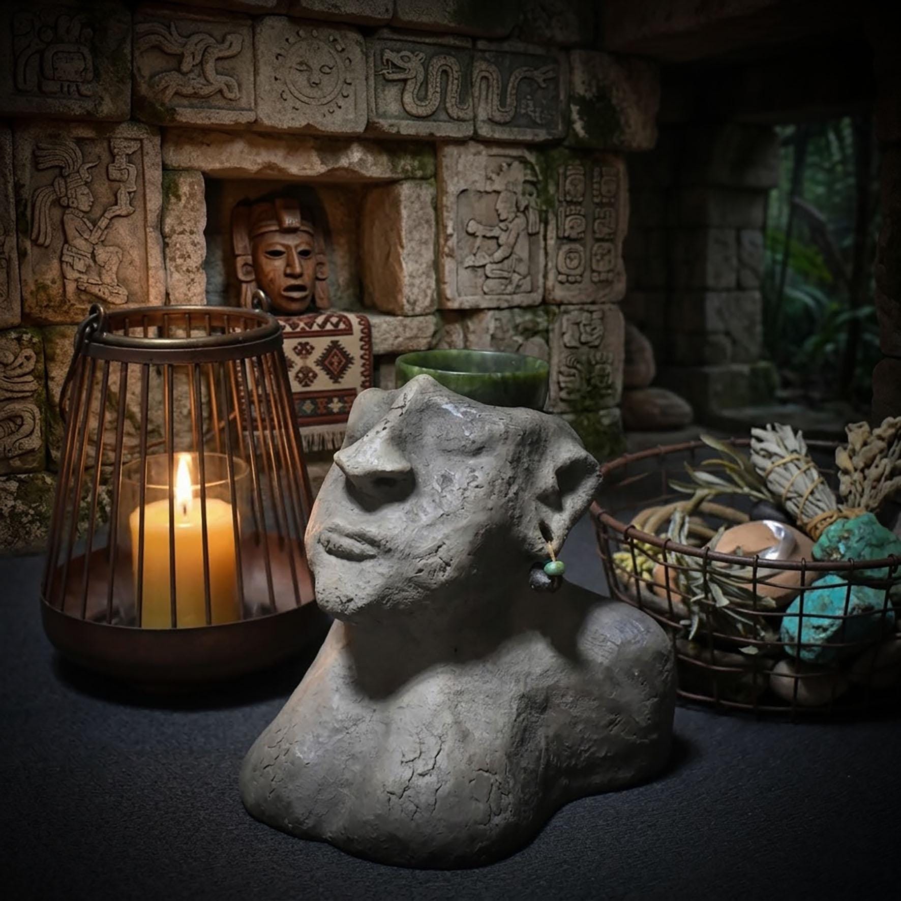 Büste Indigene Frau aus Ton, Altar Skulptur mit Bambusachat Schale, Spirituelle Keramik Kunst, Unikat handgeformt, Ahnen Deko Figur SKU097