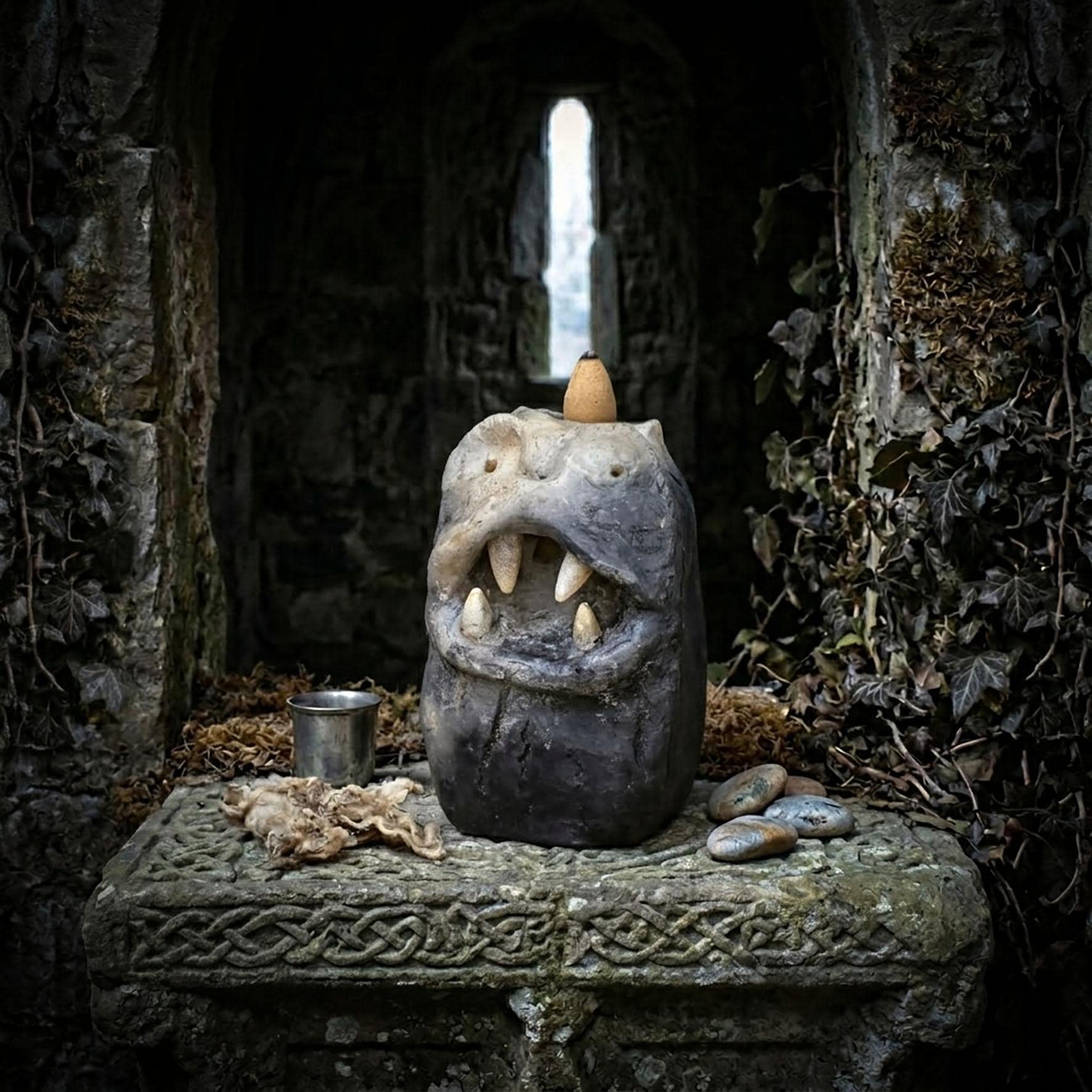 Backflow Räucherkegelhalter Ton, Donnerkeil Wächter Figur, schamanischer Altar Bedarf, Wasserfall Räuchergefäß, Keramik Unikat RÄH066