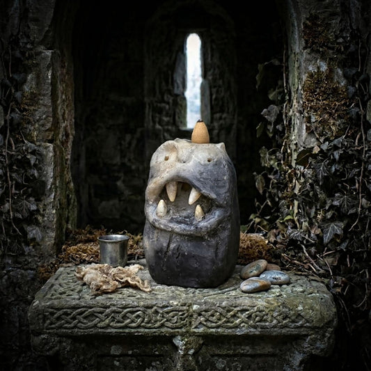 Backflow Räucherkegelhalter Ton, Donnerkeil Wächter Figur, schamanischer Altar Bedarf, Wasserfall Räuchergefäß, Keramik Unikat RÄH066