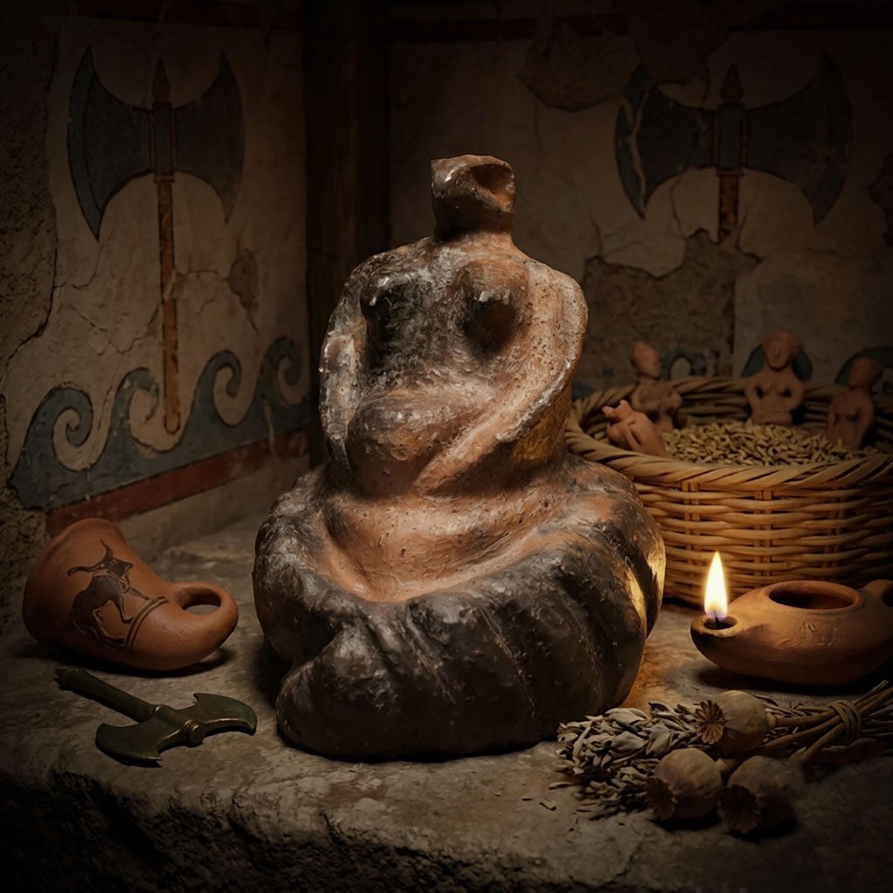 Handgefertigte Ton Skulptur der Schlangengöttin - Traditionelles Kunstwerk Symbol für Weisheit und Transformation