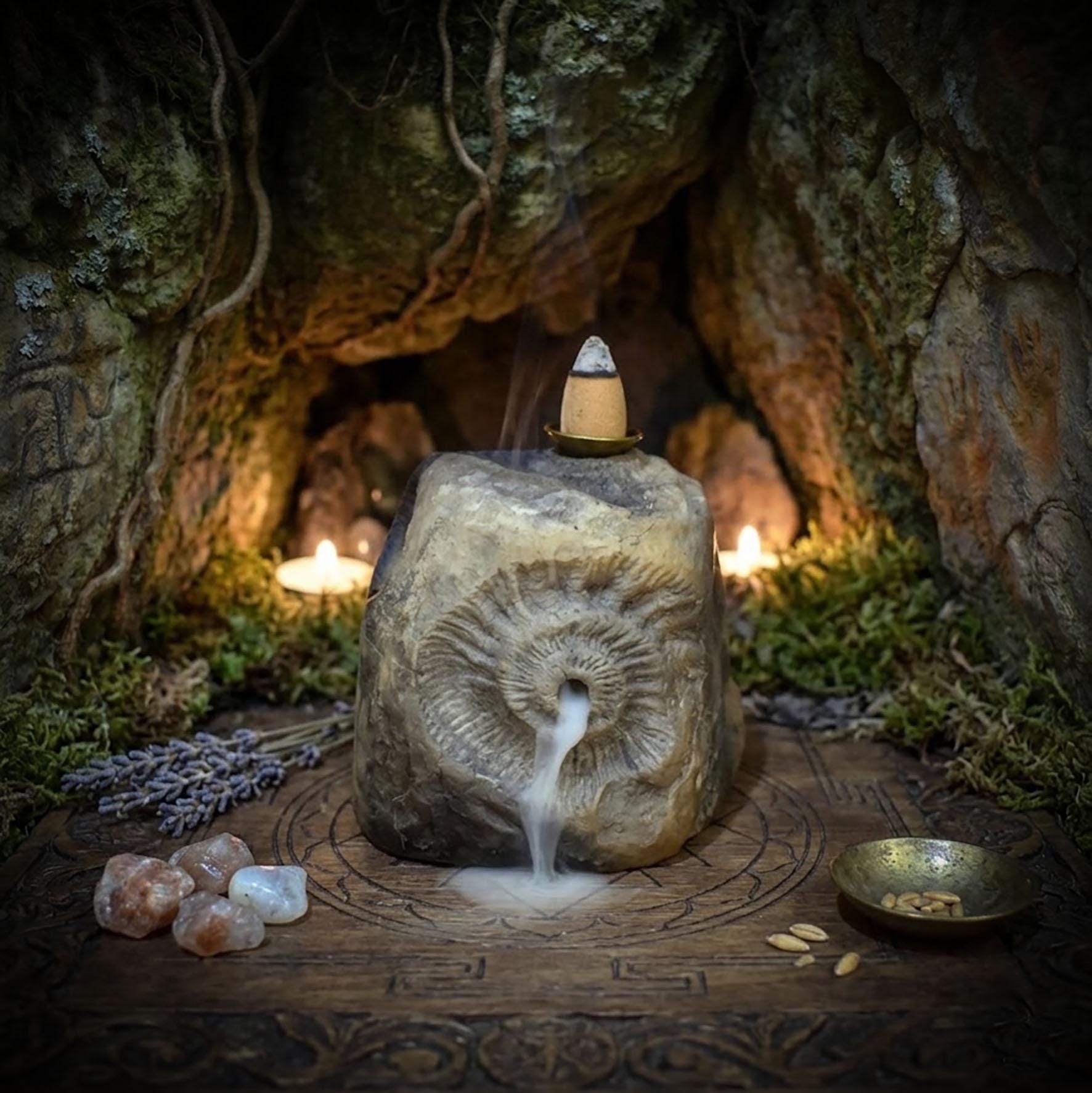 Backflow Räucherkegelhalter Ton, Ammonit Räuchergefäß archaisch, schamanischer Wasserfall Brenner, Altar Deko Rauchbrand Unikat RÄH067