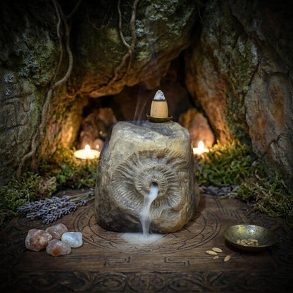 Backflow Räucherkegelhalter Ton, Ammonit Räuchergefäß archaisch, schamanischer Wasserfall Brenner, Altar Deko Rauchbrand Unikat RÄH067