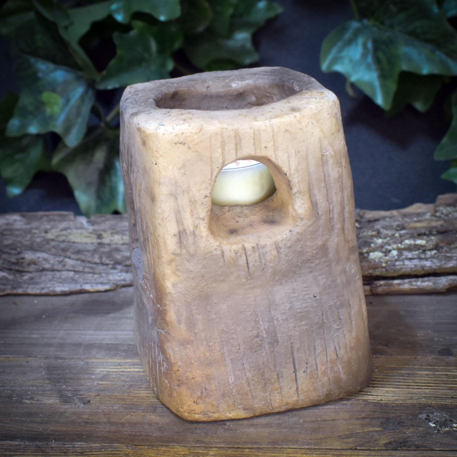 Teelichthalter Turm Rauchbrand Ton | Archaischer Kerzenständer Altar Deko | Rustikales Spirituelles Geschenk Unikat 1,4kg TKH036
