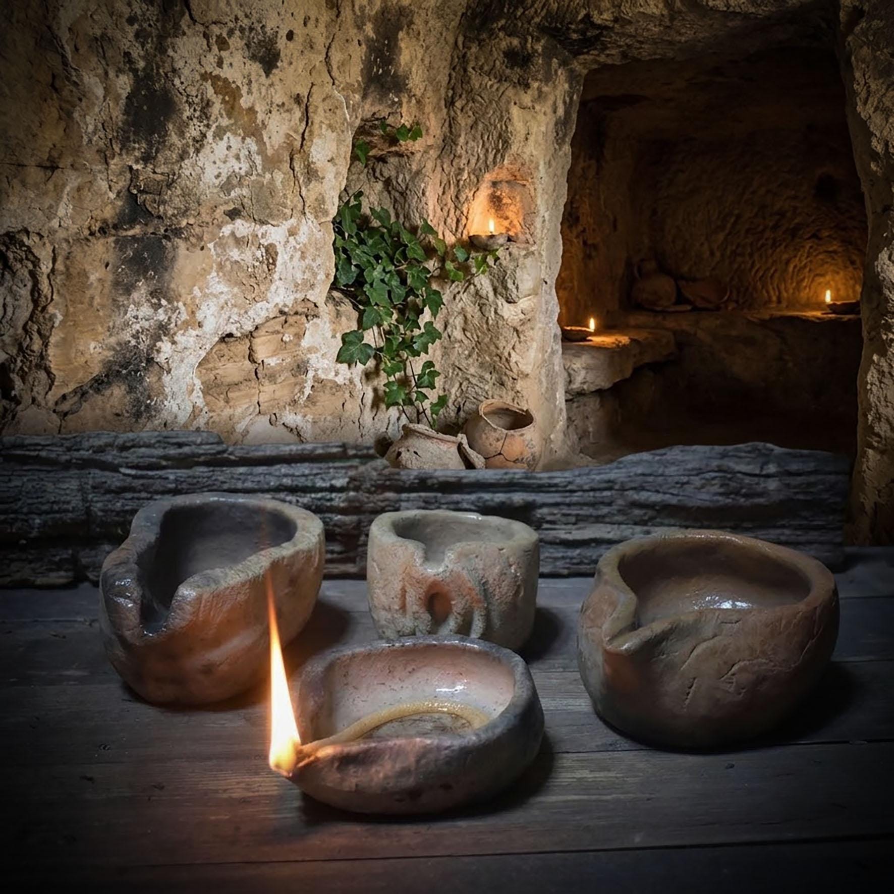 Rustikale handgefertigte Öllampe mit Docht, aus Ton, Antikes Design, Ritual Licht für Altar & Meditation, Naturverbundene Keramik AÖL001