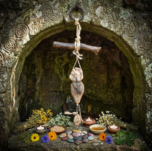 Goddess Litha Wanddeko aus Rauchbrand-Ton – archaische Sommergöttin an Holzast mit Muschelamulett & Lavaperlen
