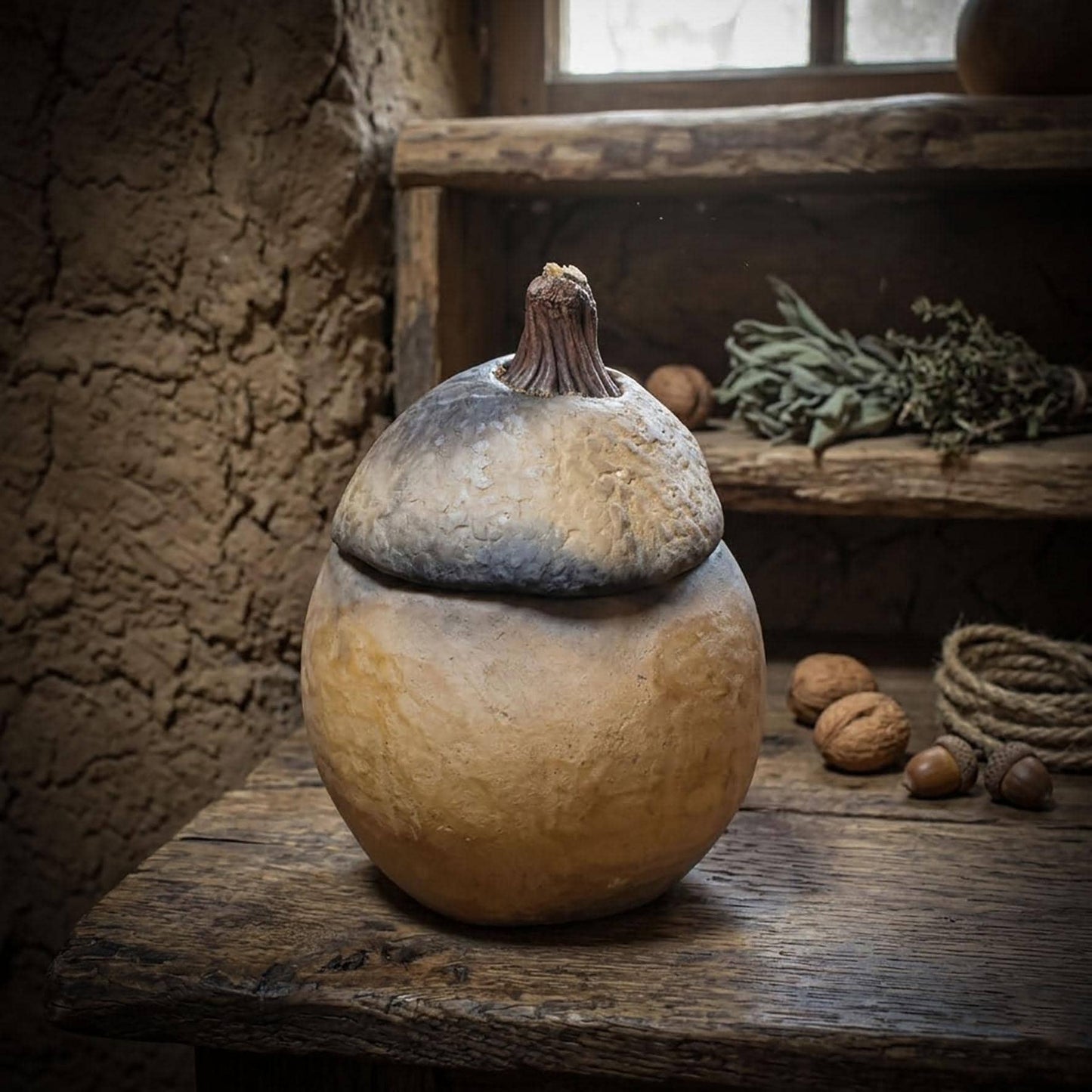 Dose mit Deckel stilisierte Eichel, Archaisches Tongefäß Naturform, Handgeformte Keramik Vorratsdose, Altar Schmuckdose Unikat GEF020