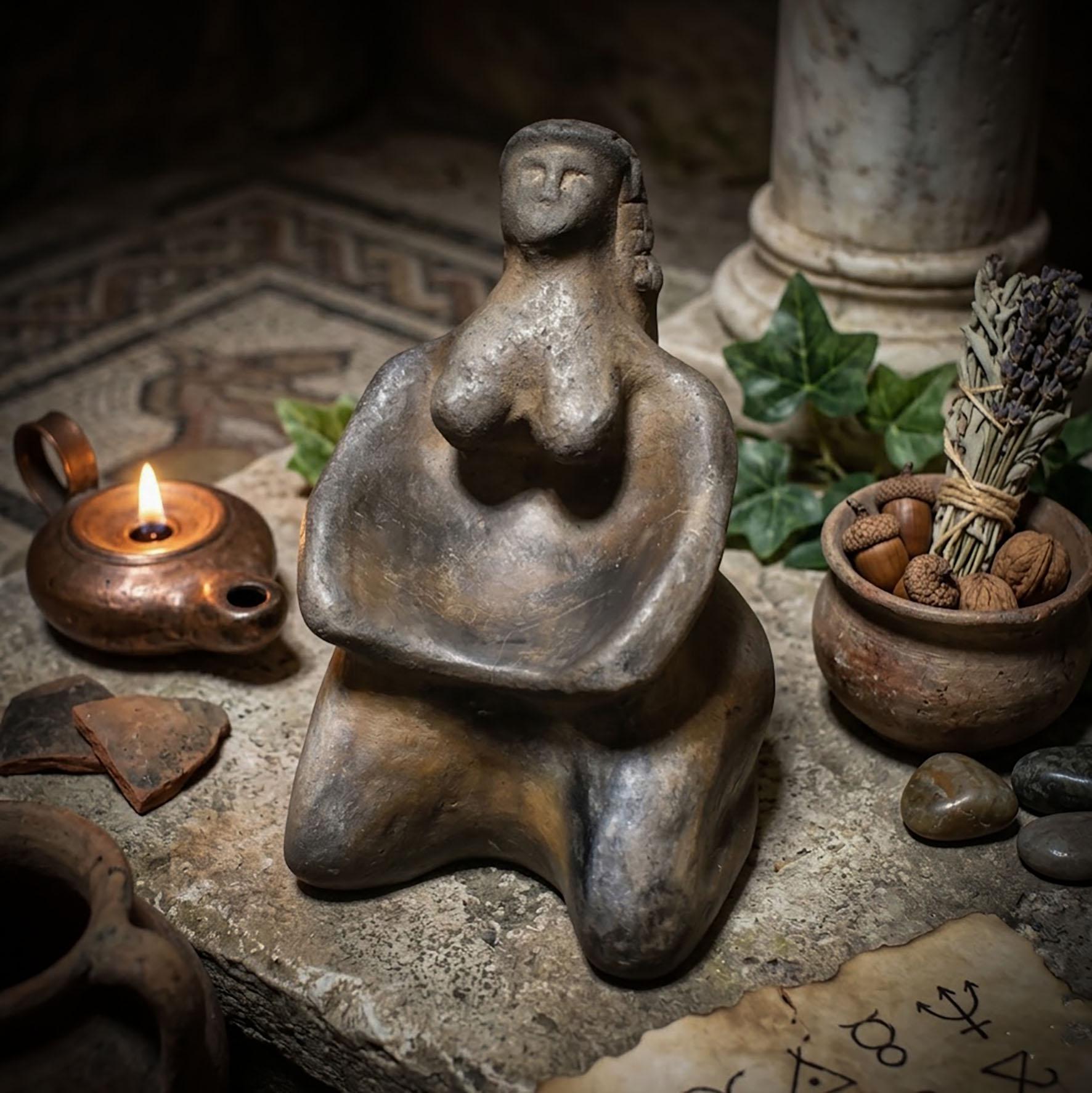 Venus Gabenschale – Handgefertigte Opferschale inspiriert von der Venus von Brassempouy in rustikaler Rauchbrandkunst - Art.Nr.: SKU032