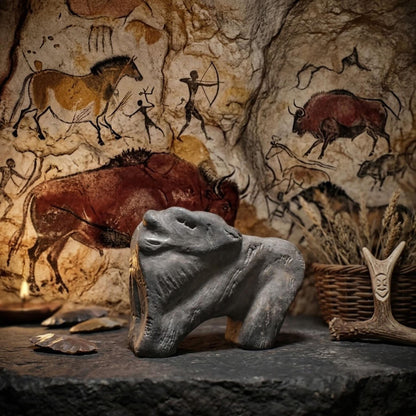 Prähistorisch inspirierte Bison Skulptur– Höhlenmalerei Replik aus Naturton und im Rauchbrand geboren