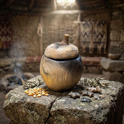 Tongefäß Eichel Rauchbrand Dose | Archaische Vorratsdose Keramik | Spirituelles Geschenk Naturform Altar Deko Unikat 1,18kg GEF021