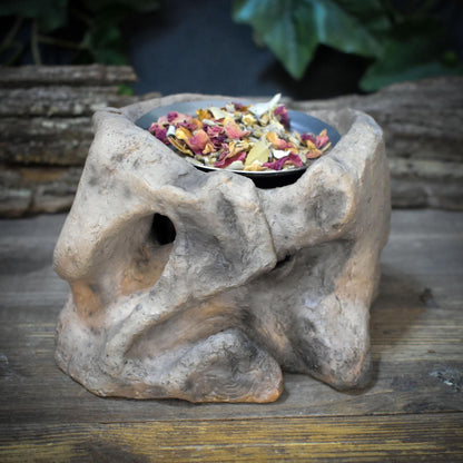 4in1 Räucherstövchen Ton Baum, Keramik Aromalampe handgemacht, Schamanisches Räuchergefäß erdig, Teelichthalter Wald Deko RÄG083