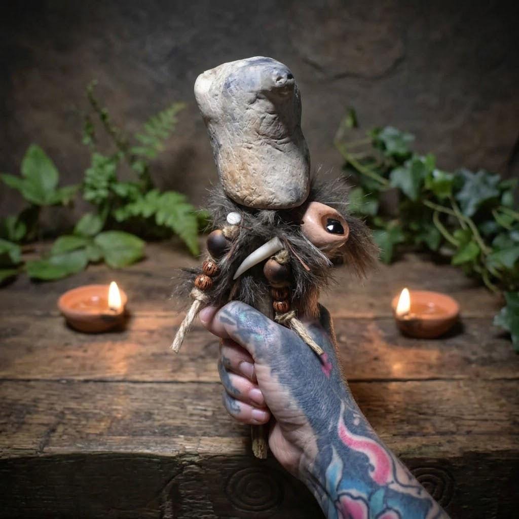 Ritualstab „Schutz“ – Bärenkopf aus Ton mit Obsidian, Stoßzahn und Kunstfell - Art.Nr.: RST037