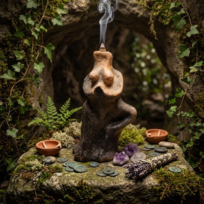 Vrikshasana Yoga Baum Stellung Rückfluss Räucherkegelhalter – Handgefertigte Ton Skulptur - im Rauchbrand vollendet