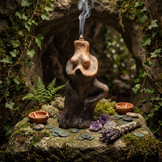 Vrikshasana Yoga Baum Stellung Rückfluss Räucherkegelhalter – Handgefertigte Ton Skulptur - im Rauchbrand vollendet
