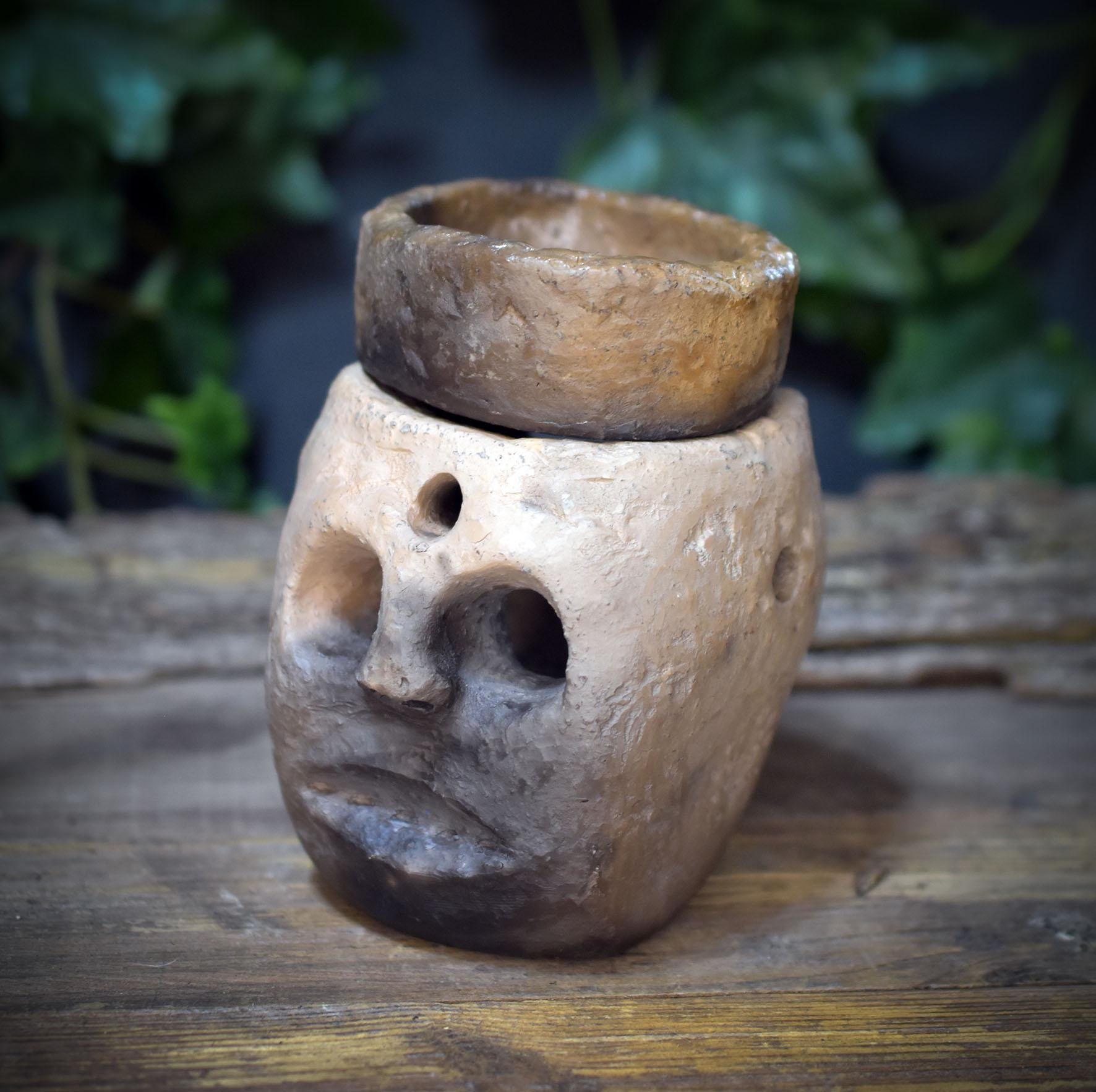 4in1 Räucherstövchen Ton Rauchbrand | Aromalampe Teelichthalter Gesicht | Spirituelles Geschenk Urige Räucherschale Unikat 970g RÄG087