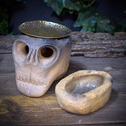 4in1 Räucherstövchen Totenkopf Ton | Duftlampe Rauchbrand Schädel | Spirituelles Geschenk Altar Ritual Keramik Unikat 1kg RÄG089
