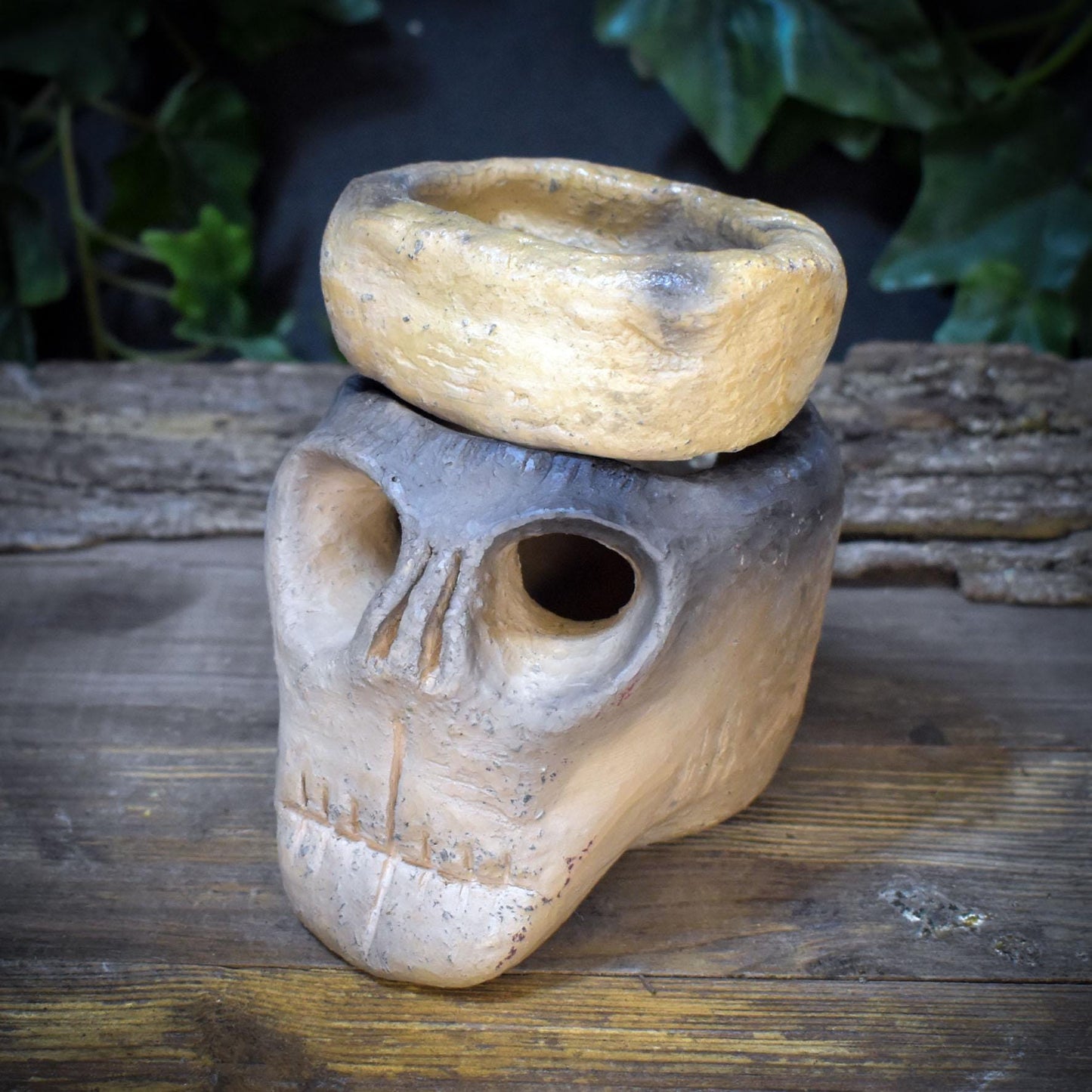 4in1 Räucherstövchen Totenkopf Ton | Duftlampe Rauchbrand Schädel | Spirituelles Geschenk Altar Ritual Keramik Unikat 1kg RÄG089
