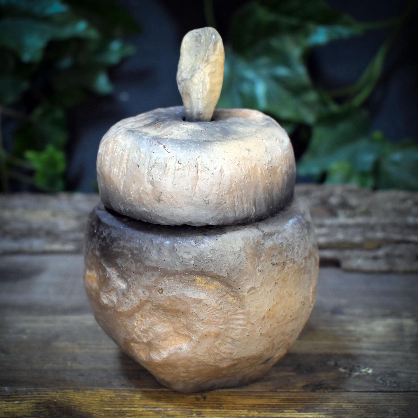 Tongefäß Ammonit Rauchbrand Dose | Archaische Vorratsdose Keramik | Spirituelles Geschenk Fossil Naturform Altar Deko Unikat 720g GEF023