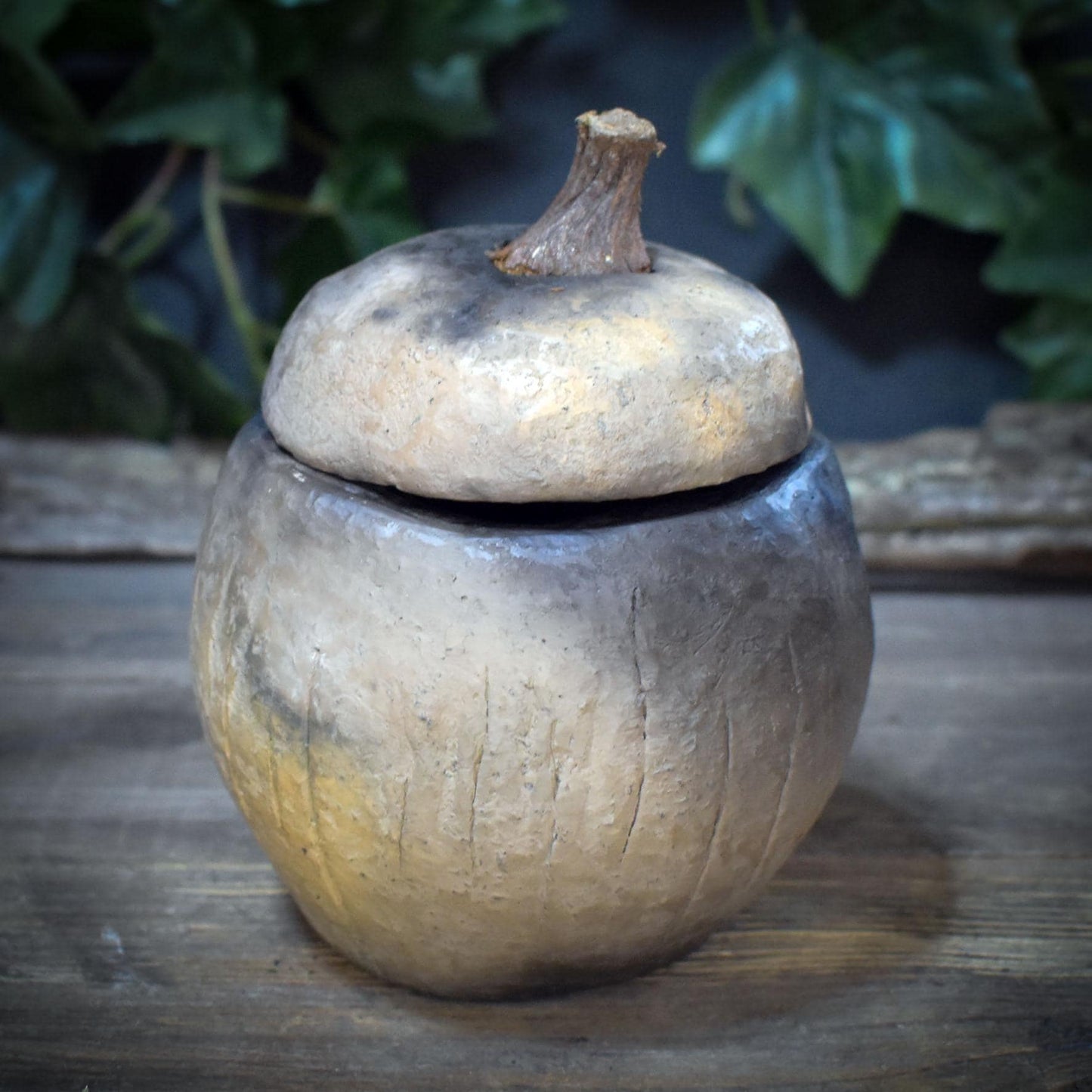Tongefäß Eichel Rauchbrand Dose | Archaische Vorratsdose Keramik | Spirituelles Geschenk Naturform Altar Deko Unikat 1,18kg GEF021