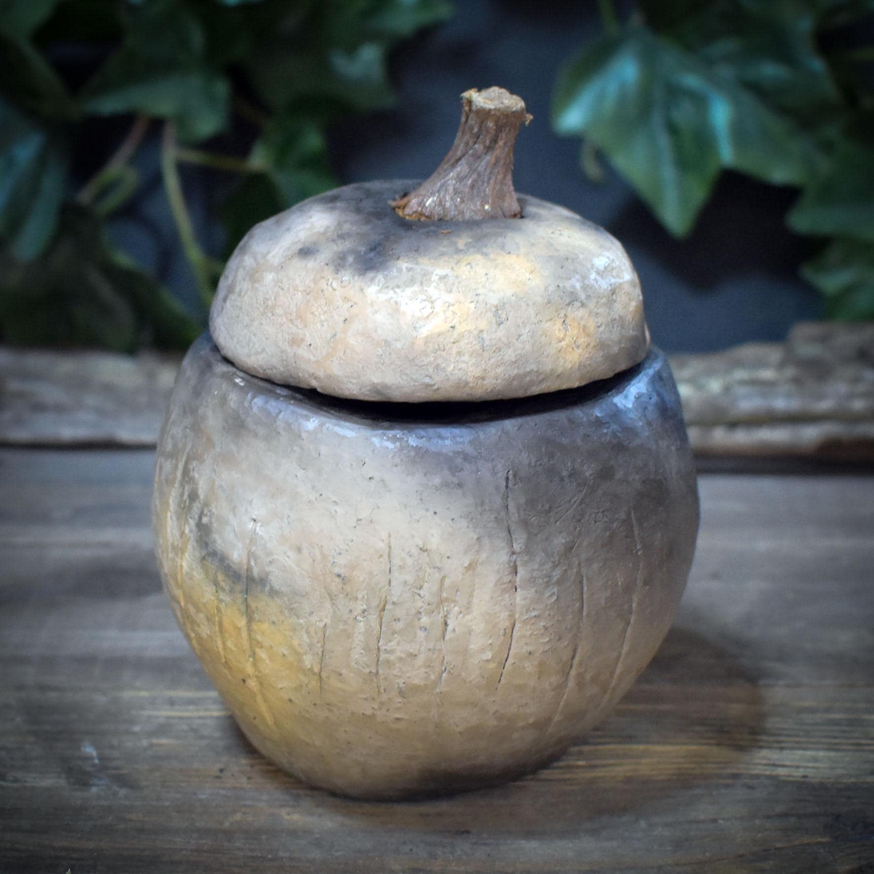 Tongefäß Eichel Rauchbrand Dose | Archaische Vorratsdose Keramik | Spirituelles Geschenk Naturform Altar Deko Unikat 1,18kg GEF021