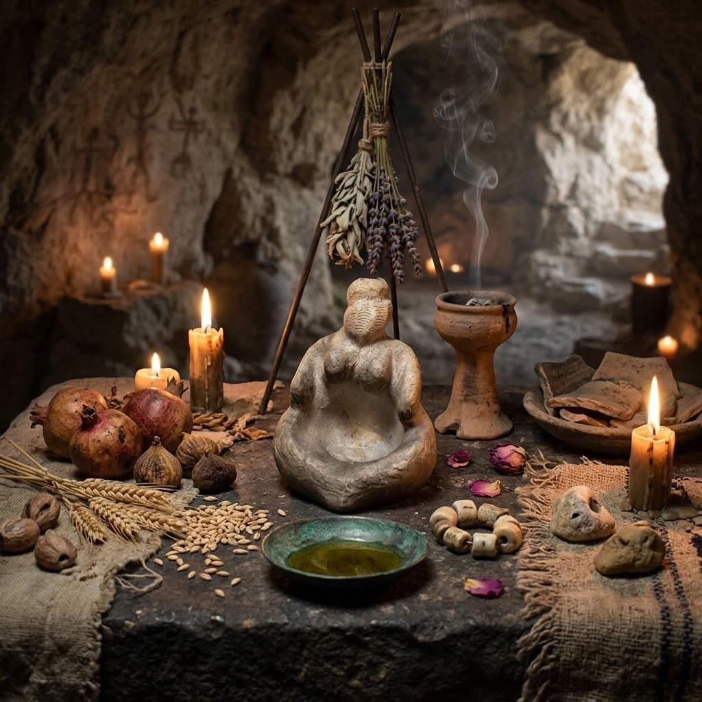 Urgöttin Keramik Figur mit Spirale, Archaische Göttinnenstatue, Altar Deko Naturspiritualität, Schamanische Mutter Erde Plastik SKU294