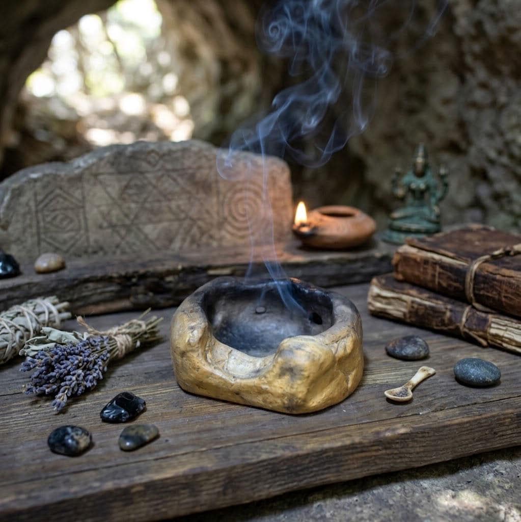 Räucherschale aus Ton, Archaisches Räuchergefäß handgemacht, Schamanische Altar Deko erdig, Keramik Schale für Harze & Kräuter RÄG081
