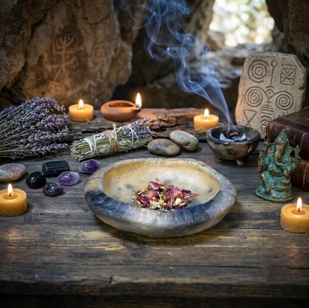 Räucherschale mit Ammonit, Urzeit Keramik Räuchergefäß handgemacht, Schamanische Altar Deko erdig, Fossilien Schale für Kräuter RÄG082