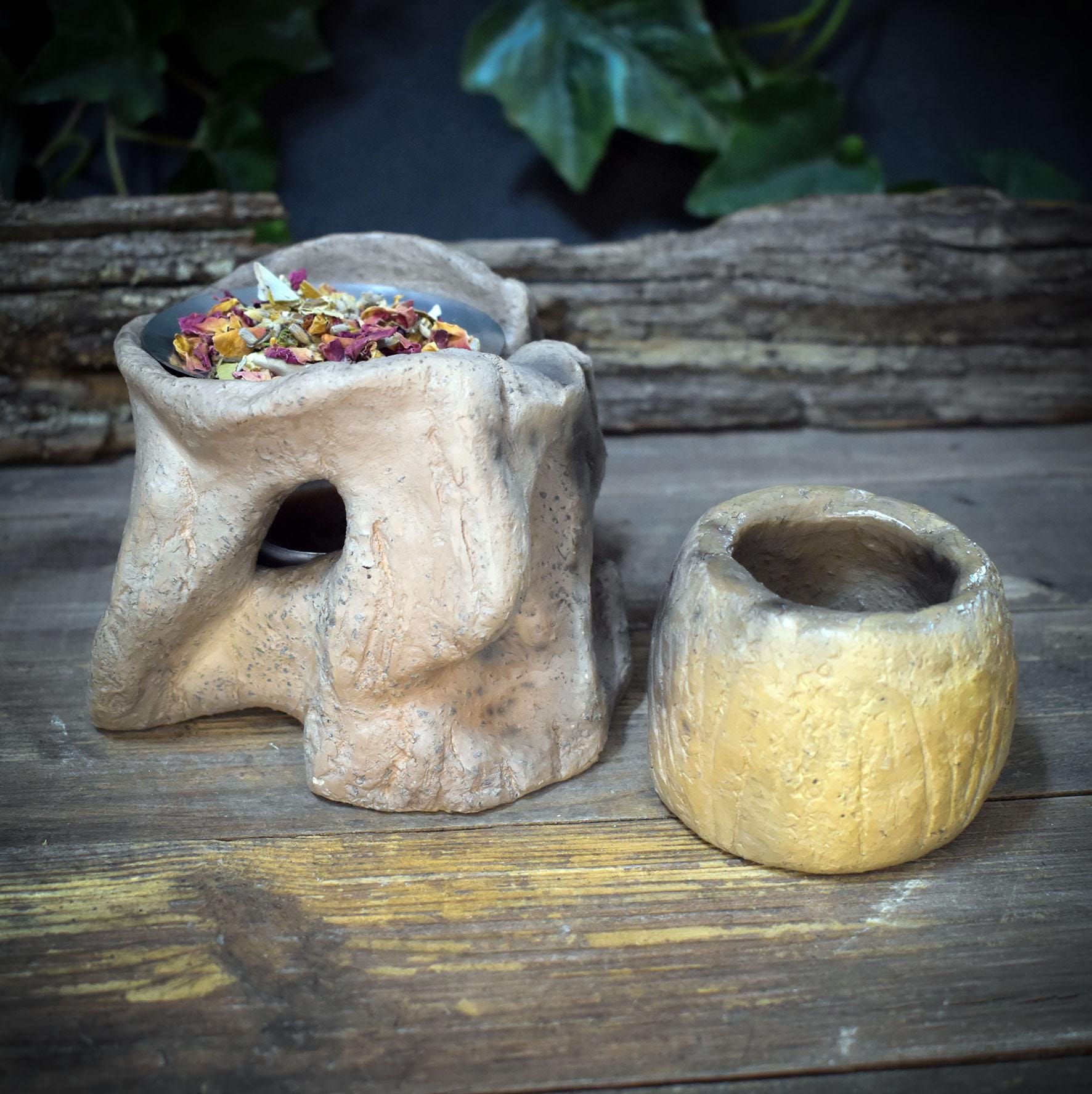 4in1 Räucherstövchen Ton Baum, Keramik Aromalampe handgemacht, Schamanisches Räuchergefäß erdig, Teelichthalter Wald Deko RÄG083