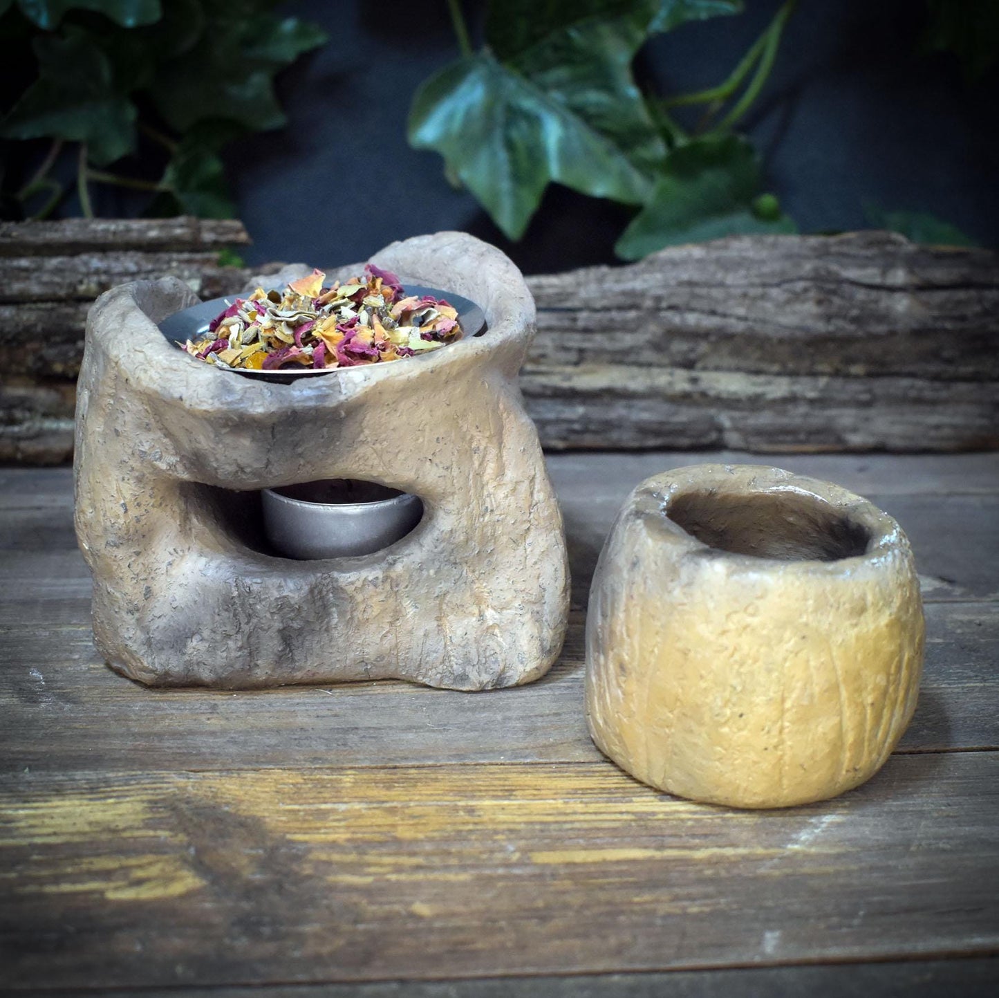 4in1 Räucherstövchen Ton Baum, Keramik Aromalampe handgemacht, Schamanisches Räuchergefäß erdig, Teelichthalter Wald Deko RÄG083
