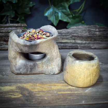 4in1 Räucherstövchen Ton Baum, Keramik Aromalampe handgemacht, Schamanisches Räuchergefäß erdig, Teelichthalter Wald Deko RÄG083