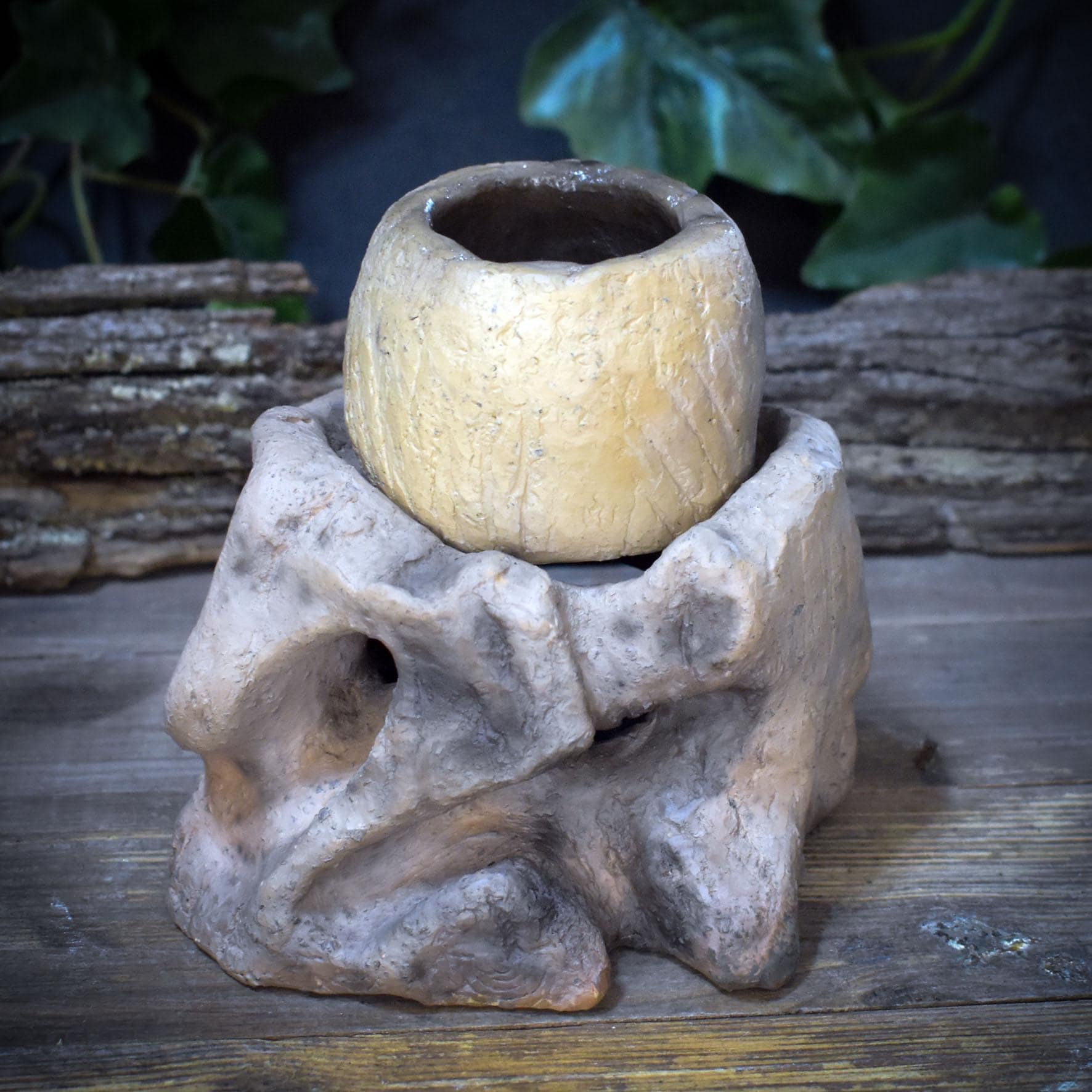 4in1 Räucherstövchen Ton Baum, Keramik Aromalampe handgemacht, Schamanisches Räuchergefäß erdig, Teelichthalter Wald Deko RÄG083