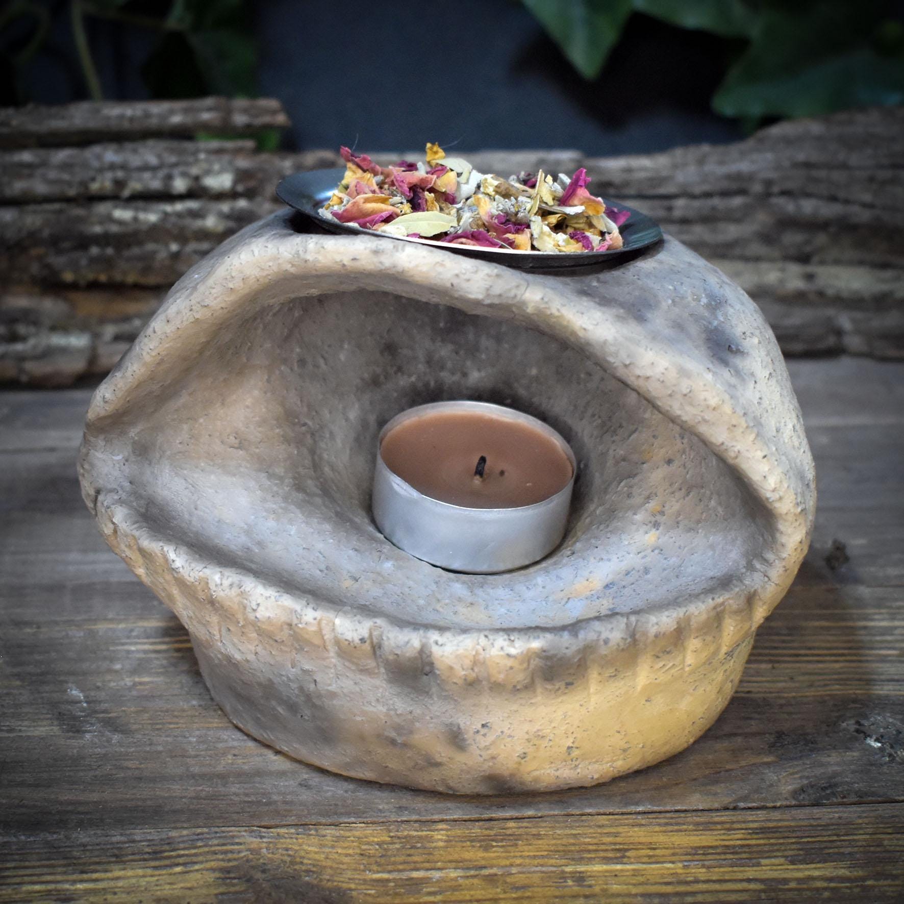 4in1 Räucherstövchen Auge, Keramik Aromalampe Handgemacht, Schamanisches Räuchergefäß Erdig, Drittes Auge Teelichthalter Deko RÄG084